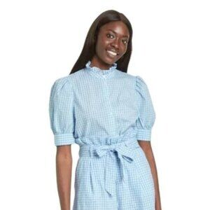 Who What Wear Blue White Gingham Checkered Ruffles Short Sleeve Blouse NWT XXL